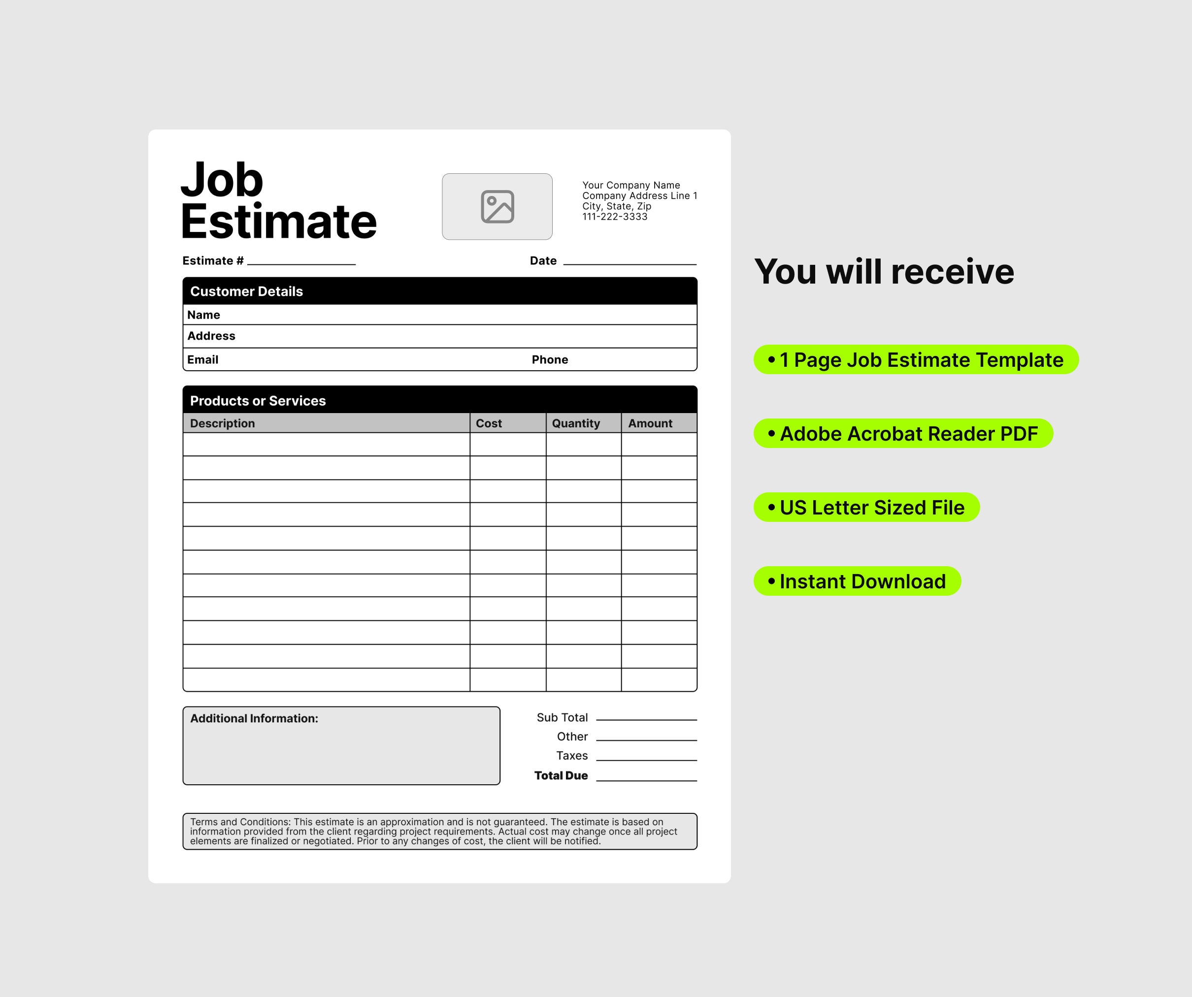 Job Estimate Template PDF. Custom Logo Editable Business Forms ...