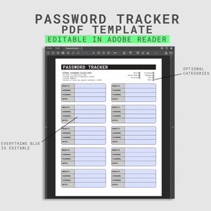 Puede incluir: Una plantilla de seguimiento de contraseñas imprimible en formato PDF con campos editables para el sitio web, el nombre de usuario, la contraseña y las notas. La plantilla incluye categorías opcionales para organizar las contraseñas. El texto "Everything Blue is Editable" es visible en el lado izquierdo de la imagen.