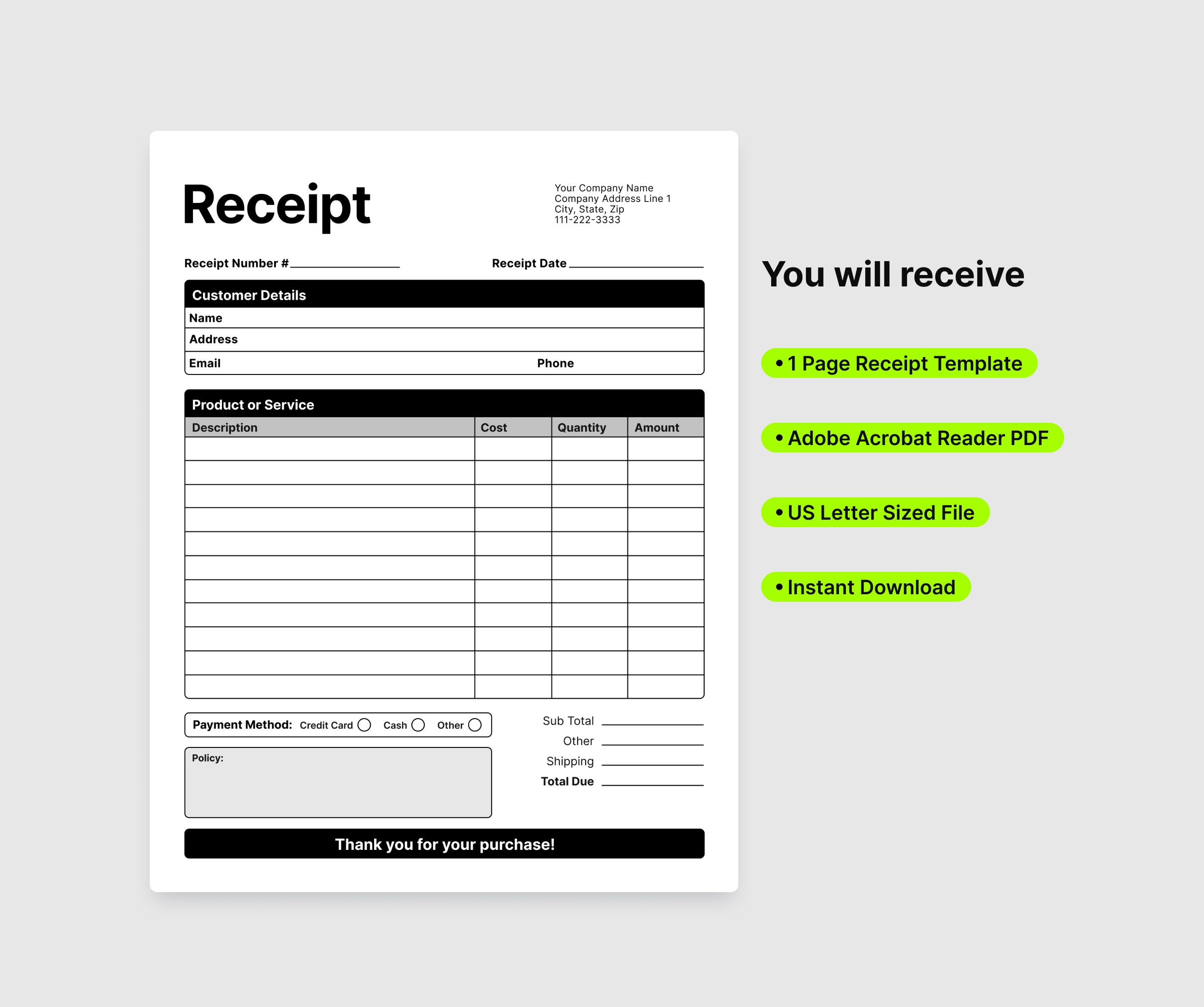 Receipt Template PDF. Editable Business Forms. Printable PDF Template