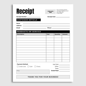 Receipt Template PDF. Custom Logo Editable Business Forms. - Etsy