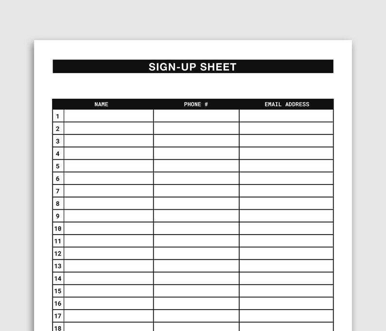 Editable Sign up Sheet. PDF Sign up Template. Printable Event Sign up