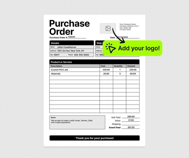 Purchase Order Template PDF. Custom Logo PDF Form. Business Form PDF ...