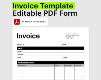 May include: A white invoice template with black text, featuring fields for invoice number, bill-to details, product descriptions, and cost breakdown. The top banner reads "Invoice Template Editable PDF Form."