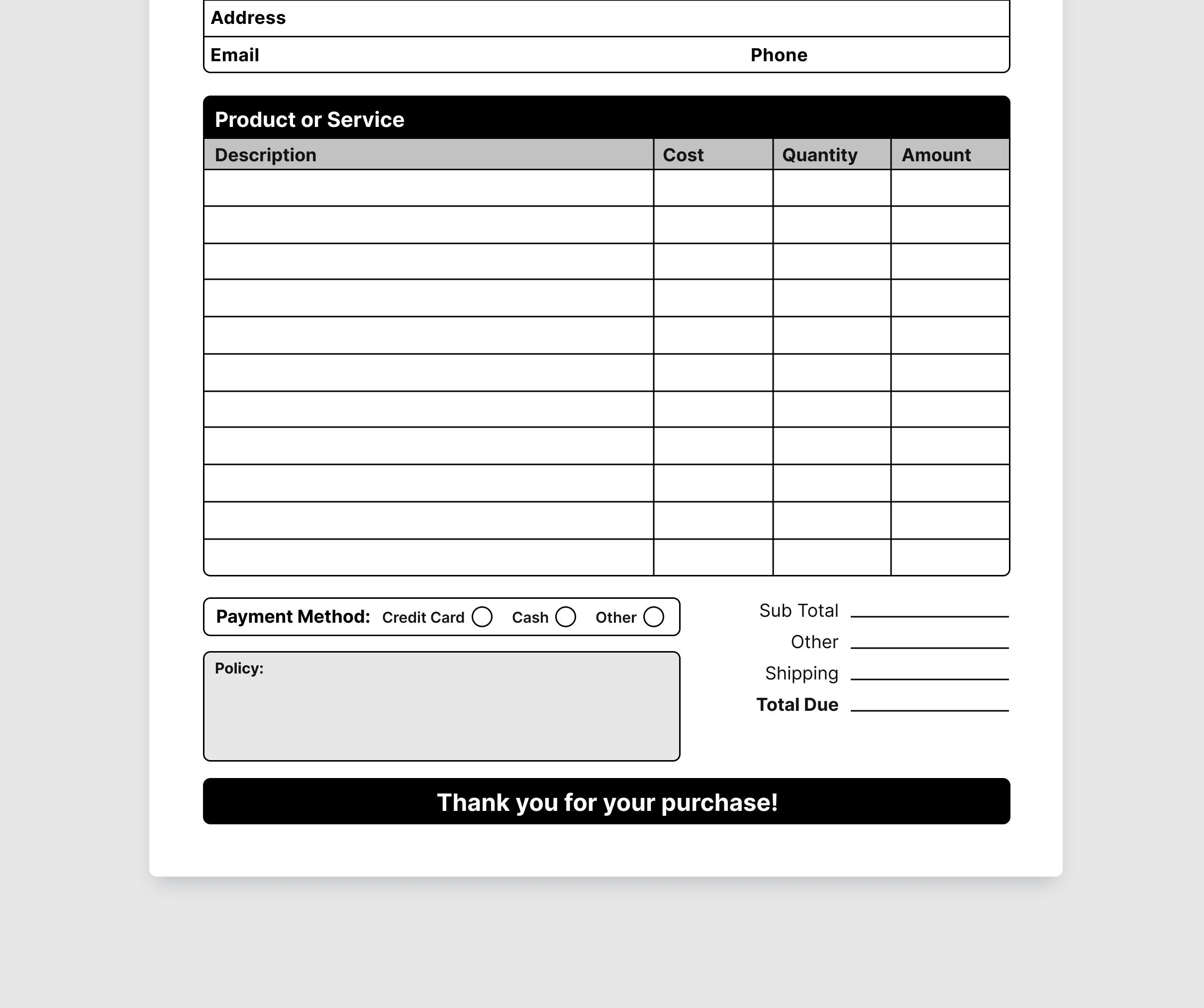 Receipt Template PDF. Editable Business Forms. Printable PDF Template
