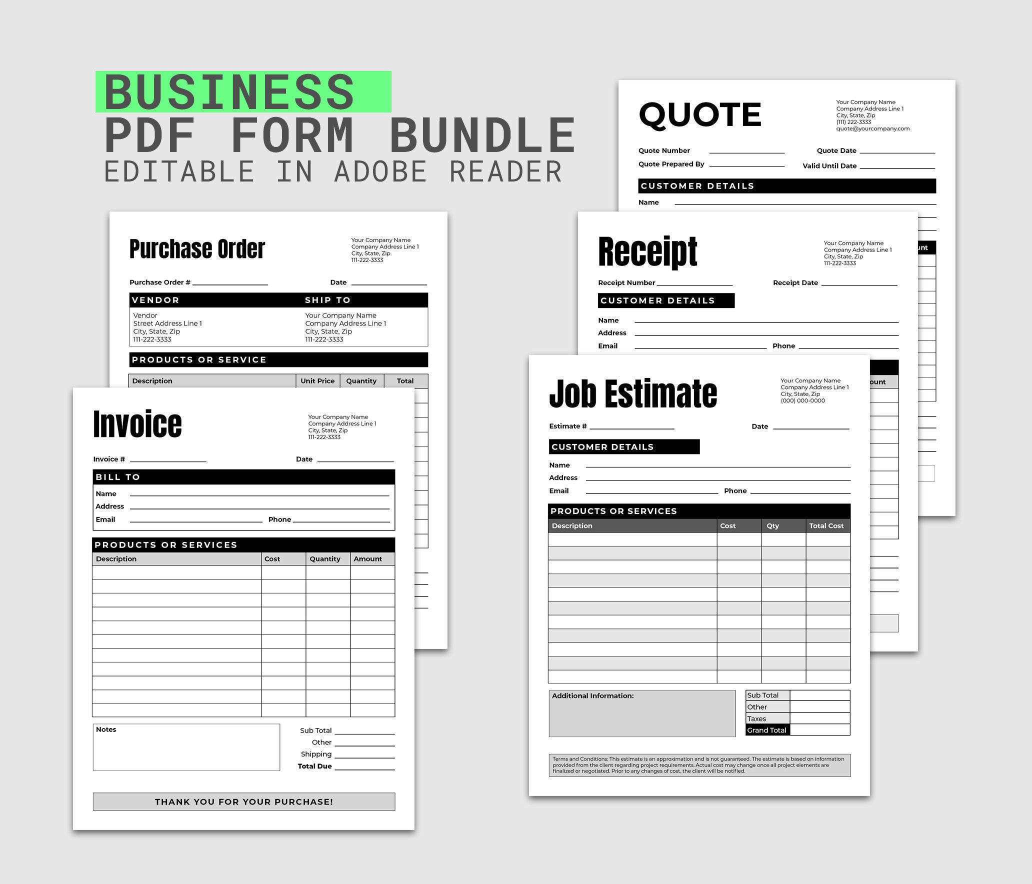 Job estimate template pdf editable business forms printable etsy