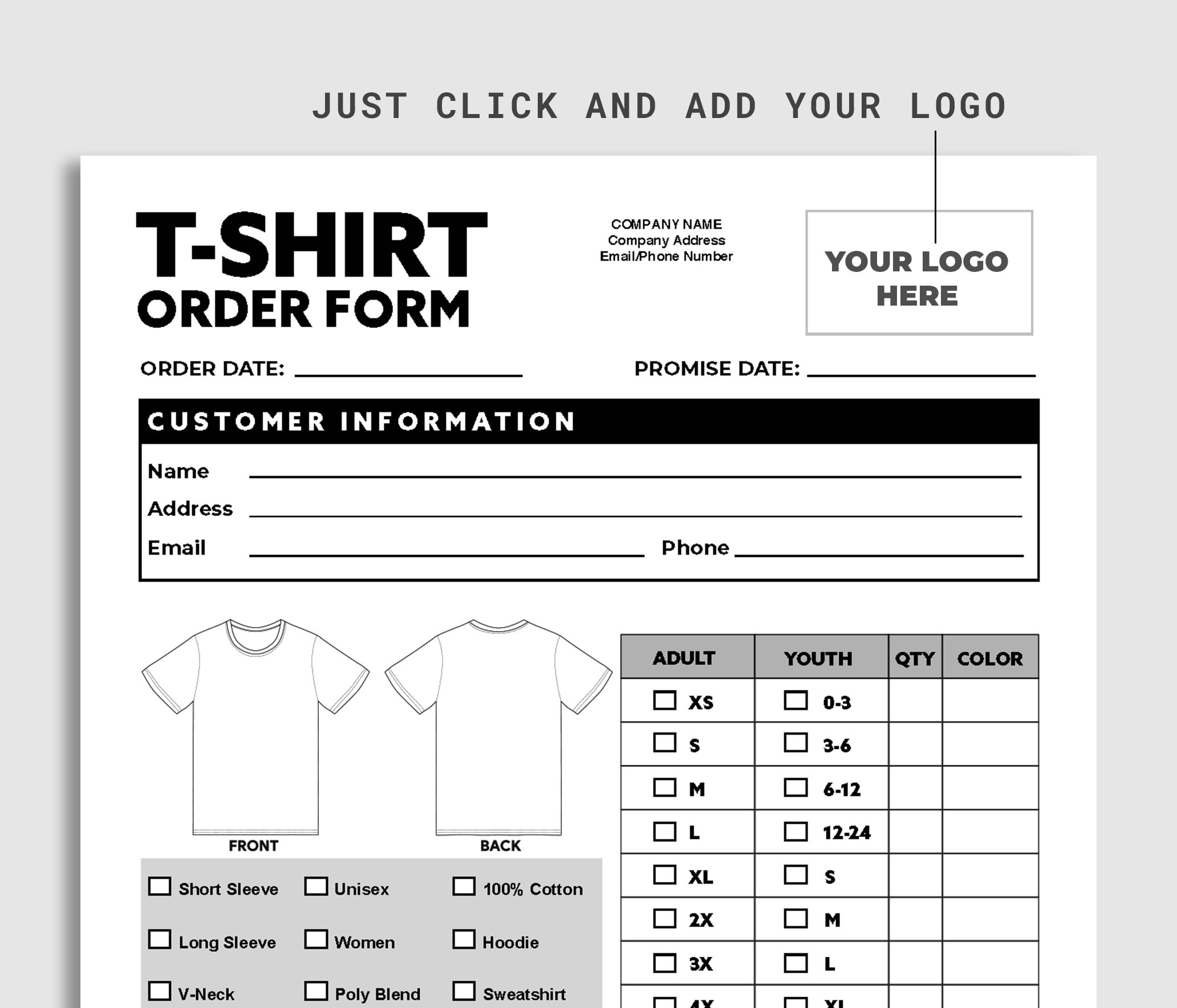 Tshirt Order Form Printable PDF. Custom Logo Form. Tshirt Invoice ...