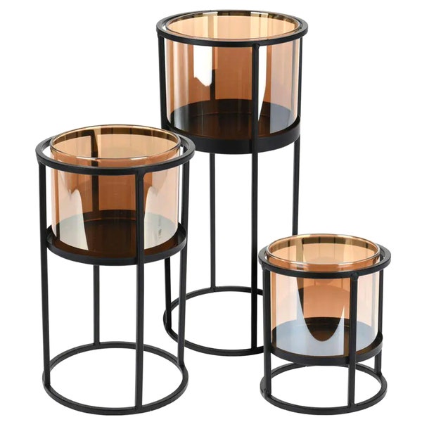 Glass Hurricane Candle Holder Cover Cylinder with Metal Base Stand Pillar Votive Candle Light Lamp Lantern  Christmas Decoration 3PC Set