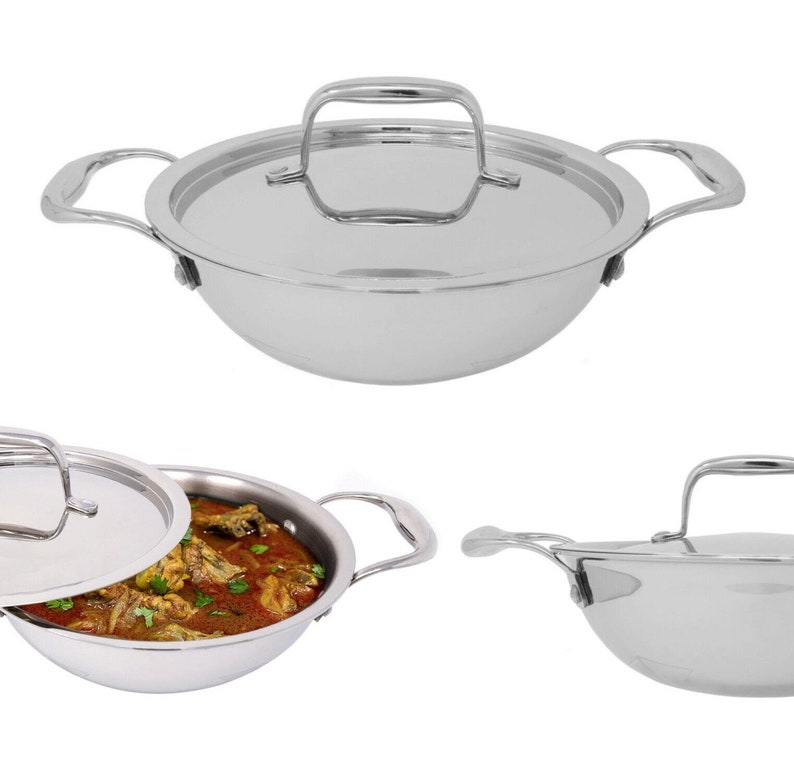 Stainless Steel Kadai Karahi Kadhai With Lid Wok Fry Pan Curry Etsy