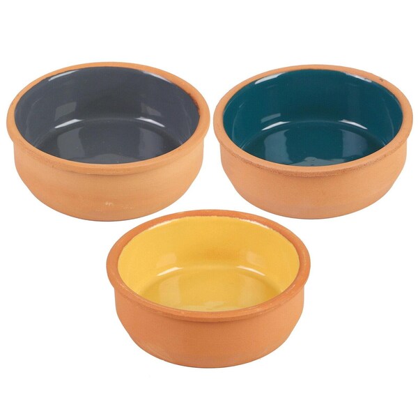 Terracotta Tapas Dishes Spanish 12cm Cazuelas Pots Olive Bowls Glazed Set of 3