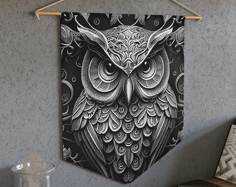 Owl Coloring Pennant, Living room wall decor, aesthetic room decor, black and white wall hanging, Stunning detailed filigree style