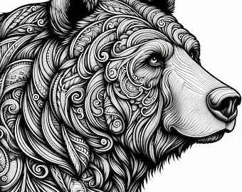 12 Pack Stress Relief Coloring Pages, Grizzly bear digital print, Filigree detailed Mandala instant download set, Coloring pages for adults