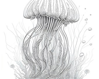 12 Pack Stress Relief Coloring Pages, Jellyfish digital print, Filigree detailed Mandala instant download set, Coloring pages for adults