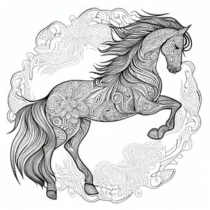 12 Pack Stress Relief Coloring Pages, Horse digital print, detailed mandala instant download set, Coloring books adults
