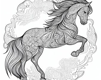 12 Pack Stress Relief Coloring Pages, Horse digital print, detailed mandala instant download set, Coloring books adults