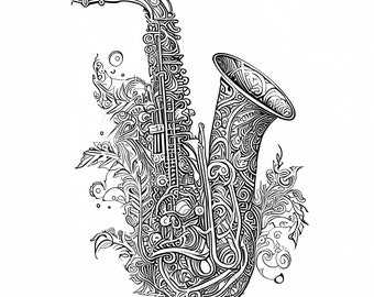 12 Pack Stress Relief Coloring Pages, Saxophone digital print, Filigree detailed Mandala instant download set, Coloring books for adults