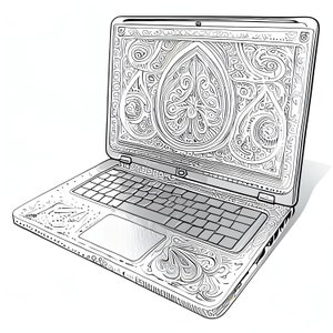 May include: A black and white line drawing of a laptop computer with a decorative pattern on the screen and the body. The pattern is intricate and includes swirls, dots, and lines.