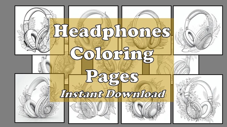 Pu&ograve; includere: Un set di dieci pagine da colorare in bianco e nero con disegni intricati di cuffie con accenti floreali. Il titolo "Headphones Coloring Pages Instant Download" &egrave; visualizzato nella parte superiore dell'immagine.
