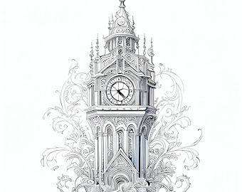 12 Pack Stress Relief Coloring Page, Clock Tower digital print, Filigree detailed Mandala instant download set, Coloring pages for adults