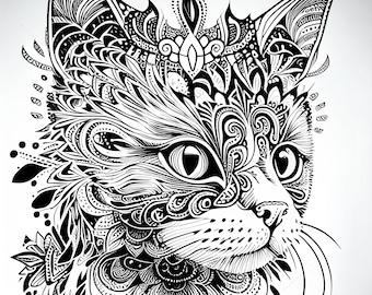 6 Pack Stress Relief Coloring Pages, Kitten digital print, detailed stencil mandala cat instant download set, Coloring books for adults