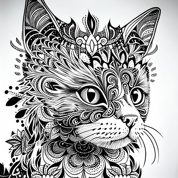 6 Pack Stress Relief Coloring Pages, Kitten digital print, detailed stencil mandala cat instant download set, Coloring books for adults