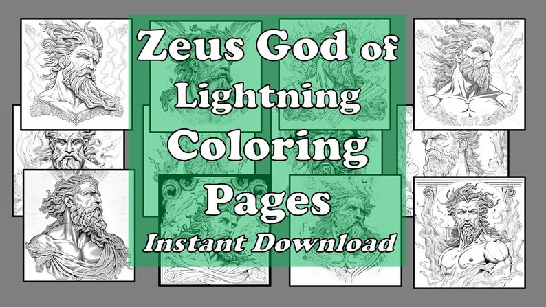 May include: A collage of black and white coloring pages featuring Zeus, the Greek god of lightning. The text "Zeus God of Lightning Coloring Pages Instant Download" is superimposed on the images.