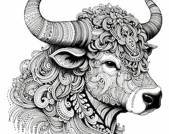 12 Pack Stress Relief Coloring Pages, Longhorn digital print, Filigree detailed Mandala instant download set, Coloring pages for adults