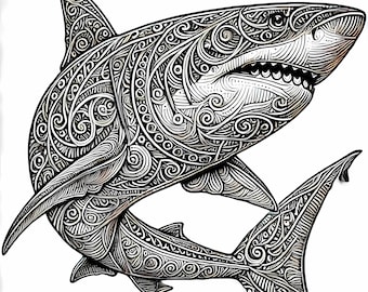 12 Pack Stress Relief Coloring Pages, Shark digital print, Filigree detailed Mandala instant download set, Coloring pages for adults
