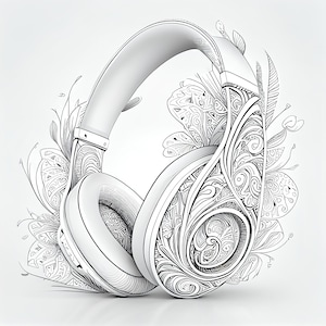 Pu&ograve; includere: Un paio di cuffie bianche con intricati disegni floreali sui padiglioni auricolari e sul cerchietto. Le cuffie sono su uno sfondo bianco.