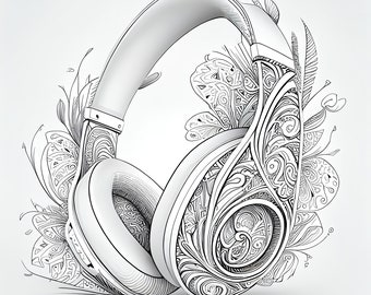 11 Pack Stress Relief Coloring Page, Headphones digital print, Filigree detailed Mandala instant download set, Coloring pages for adults