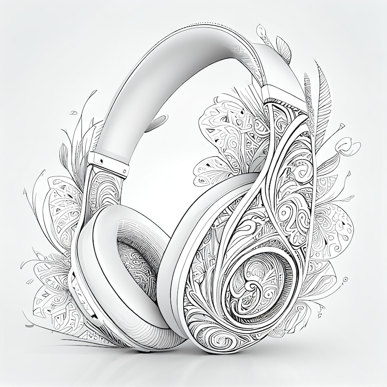 Pu&ograve; includere: Un paio di cuffie bianche con intricati disegni floreali sui padiglioni auricolari e sul cerchietto. Le cuffie sono su uno sfondo bianco.