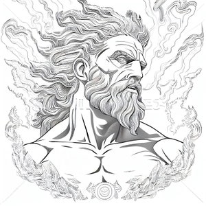 May include: A black and white line drawing of a man with a long beard and flowing hair. The man is looking to the right and has a serious expression on his face.