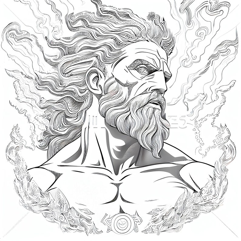 May include: A black and white line drawing of a man with a long beard and flowing hair. The man is looking to the right and has a serious expression on his face.