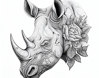 11 Pack Stress Relief Coloring Page, Rhino digital print, Filigree detailed Mandala instant download set, Coloring pages for adults