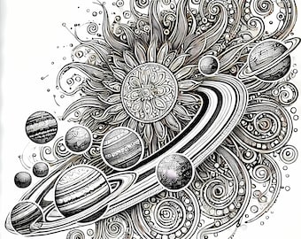 12 Pack Stress Relief Coloring Pages, Solar System digital print, Filigree detailed Mandala instant download set, Coloring pages for adults