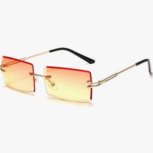 Unisex Rectangular Rimless Orange Tinted Gold Frame Fashion Sunglasses