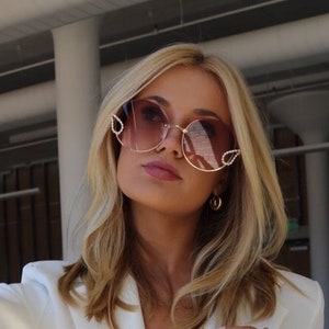 Large OVERSIZED Round Diamond Rhinestone Jeweled Women&#39;s Sunglasses Purple NEW