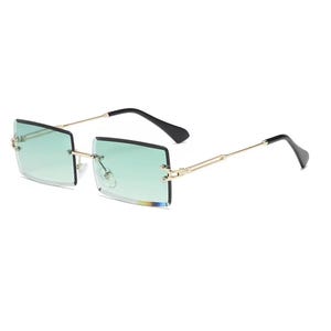 Unisex Rimless Rectangular Blue Tinted Lenses & Gold Frame Y2K Fashion Eyewear for Men Women Trendy UV400 Retro Sunglasses