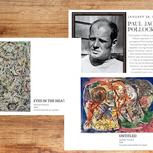 Puede incluir: Un retrato en blanco y negro de Paul Jackson Pollock, un pintor estadounidense, con el texto "JANUARY 28, 1912 PAUL JACKSON POLLOCK" sobre el retrato. El texto debajo del retrato describe la vida y la carrera de Pollock.