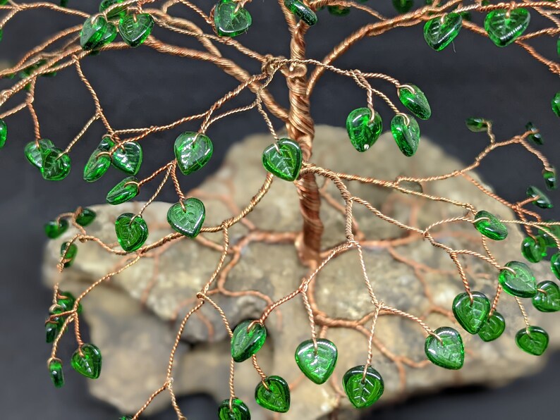 Copper Wire Tree With Green Glass Leaves on Stone Etsy