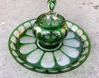 cut colored Bohemian crystal set of plate and lidded jar.