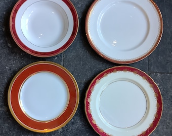 4 different plates white red gold. Spode, Royal Albert, Aynsley, Limoges.