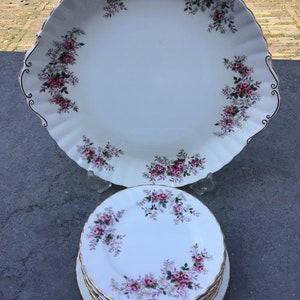 Royal Albert Lavender Rose cake dish with 10 plates.