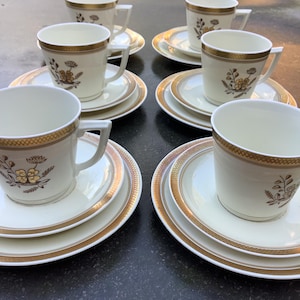 Può includere: Set di sei tazze da tè bianche e piattini con bordi dorati e motivi floreali. Ogni tazza e piattino ha un piattino più piccolo abbinato.