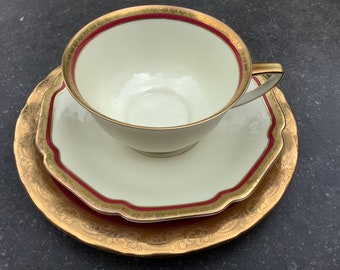 Limoges and Heinrich set of cup and saucer and plate red gold.