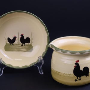 Zeller Fayencerie chicken and rooster, set of jug and bowl.