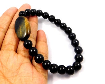 Black Onyx & Tiger's Eye Bracelet, Flash Bracelet, 100% Natural Gemstone Bracelet, Round Oval Beads Bracelet, Gemstone Jewelry Wholesale Lot