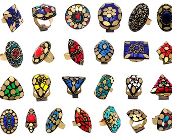 Tibetan Rings, Multicolor Gemstone, Gold Plated, Ethnic Adjustable Rings, Dangle Napali Handmade Rings, Wholesale Lot, Gigt Rings Jewellery