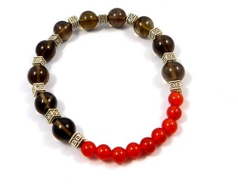 Smokey Quartz & Carnelian Bracelet, 100% Natural Gemstone Bracelet, 8mm Beads Bracelet, 925 Silver Plated Flash Bracelet, Gemstons Jewelry