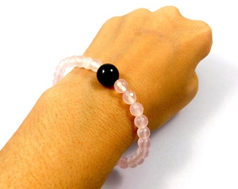 Rose Quartz & Black Onyx Bracelet, 100% Natural Gemstone Bracelet, 8mm Beads Bracelet, Rare Glitter Bracelet, Gemstone Jewelry Wholesale Lot