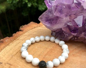 Howlite & Lava Bracelet, 100% Natural Gemstone Bracelet, 8mm Beads Bracelet, Glitter Rare Healing Bracelet, Gemstone Jewellery Wholesale Lot